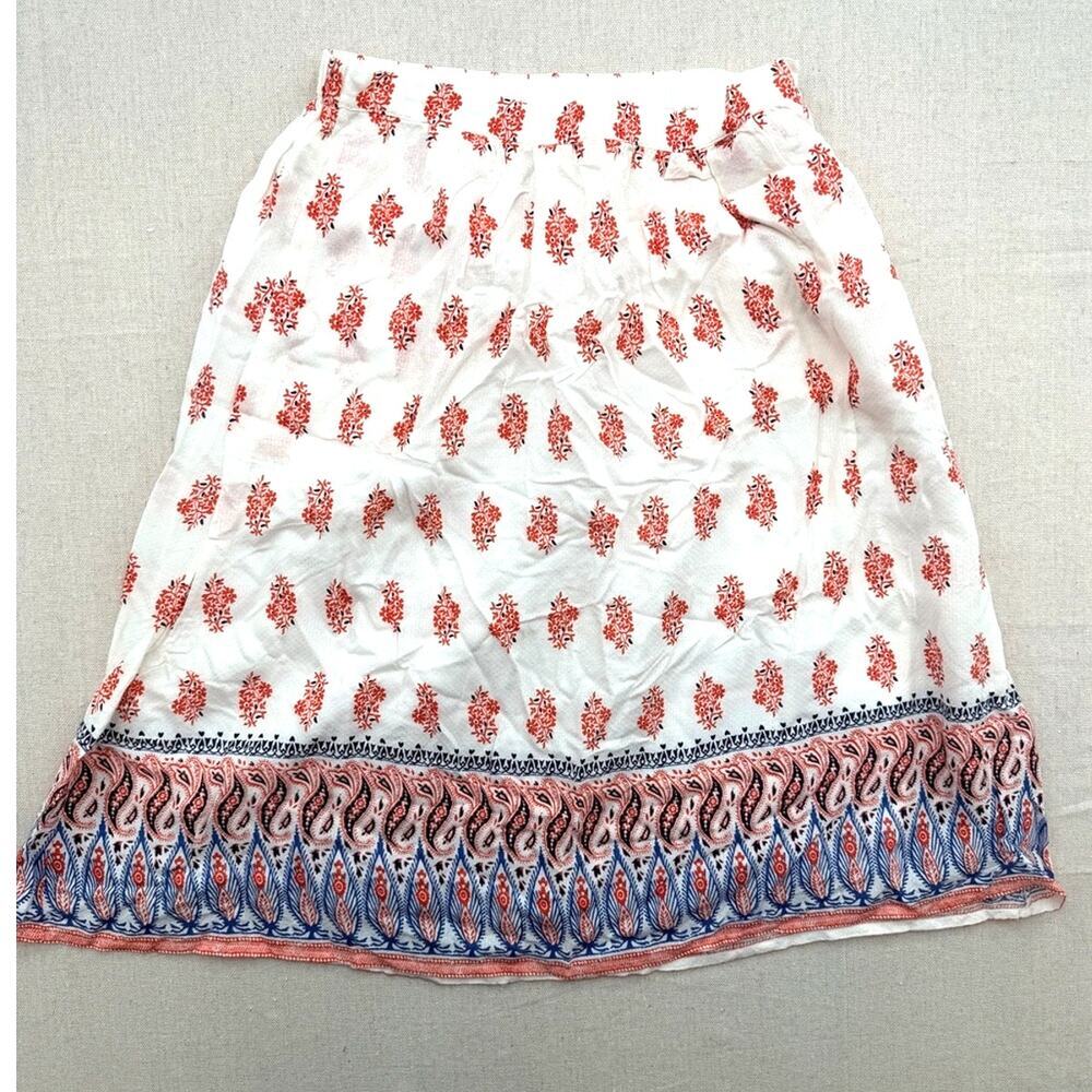 Lucky Brand White Midi Skirt with Coral Motif and Blue Border